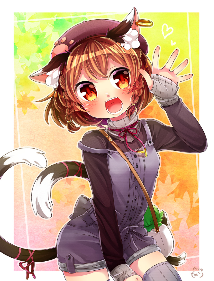 1girl alternate_costume alternate_hairstyle animal_ears autumn bag beret blush braid breasts brown_hair buttons cat_ears cat_tail chen cowboy_shot earrings eyebrows eyebrows_visible_through_hair fangs hair_tie handbag hat heart highres ibaraki_natou jewelry leaf leaf_background long_sleeves looking_at_viewer multicolored multicolored_eyes multiple_tails nekomata open_mouth orange_eyes over_shoulder overalls paw_print purple_hat red_pupils red_ribbon ribbon satchel small_breasts solo strap_slip sweater tail tail_ribbon teeth thigh-highs touhou turtleneck twin_braids two_tails waving yellow_eyes