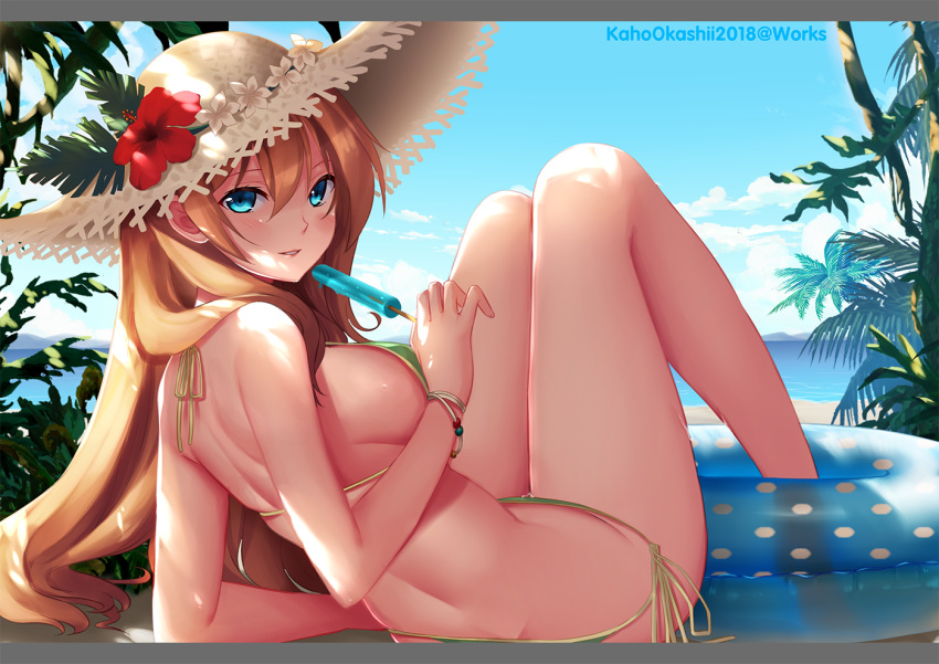 1girl 2018 arm_support artist_name bangs bare_arms bare_back bare_legs bare_shoulders bikini blonde_hair blue_eyes blue_sky breasts butt_crack clouds copyright_request dappled_sunlight day flower food green_bikini green_ribbon hair_between_eyes hat hat_flower hibiscus holding holding_food innertube kaho_okashii knees_up large_breasts leaning_back letterboxed long_hair looking_at_viewer looking_back palm_tree parted_lips polka_dot popsicle ribbon side-tie_bikini sideboob signature sitting sky smile solo straw_hat sunlight swimsuit tree very_long_hair