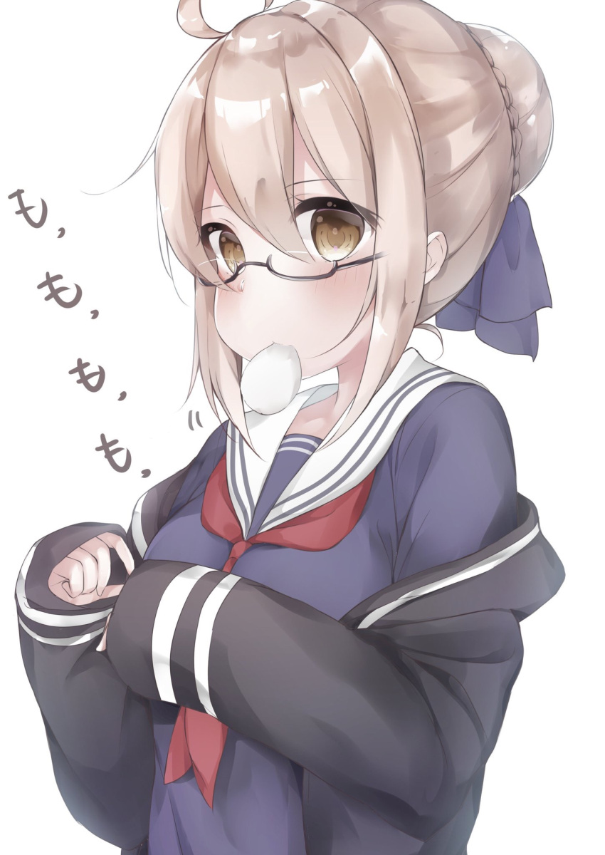 1girl artoria_pendragon_(all) bangs between_breasts black-framed_eyewear black_jacket blue_ribbon blue_shirt blush braid breasts brown_eyes commentary_request eating eyebrows_visible_through_hair fate/grand_order fate_(series) glasses hair_between_eyes hair_bun hair_ribbon highres jacket light_brown_hair long_sleeves medium_breasts mochi_nabe mouth_hold mysterious_heroine_x_(alter) neckerchief off_shoulder red_neckwear ribbon school_uniform semi-rimless_eyewear serafuku shirt simple_background sleeves_past_wrists solo translation_request under-rim_eyewear upper_body white_background