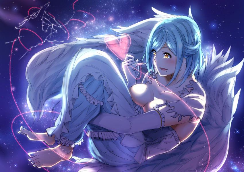 1girl angel_wings barefoot blue_hair blue_nails braid breasts cleavage constellation dress elbow_gloves eyebrows_visible_through_hair french_braid gloves heart highres kuziaaizuk leg_hug moira_(nijisanji) mole mole_on_breast mole_under_mouth nail_polish nijisanji open_mouth orange_eyes red_string solo space star_(sky) string string_around_finger virtual_youtuber wings