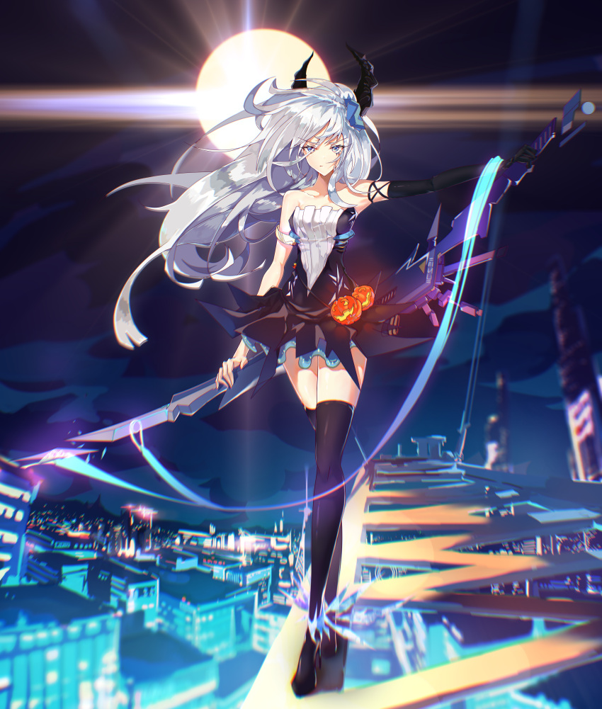 1girl absurdres bare_shoulders black_legwear blue_eyes blurry blurry_background building cityscape collarbone colored_eyelashes commentary_request dress highres holding holding_weapon horns jack-o'-lantern long_hair night night_sky original short_dress silver_hair sky solo sword thigh-highs weapon zipplin