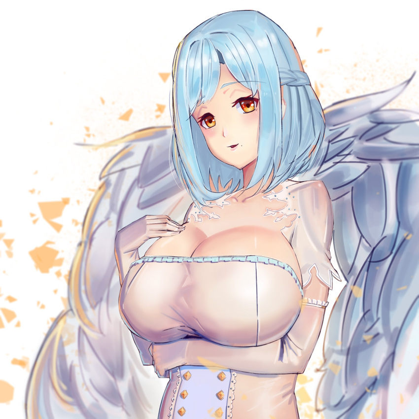 1girl angel_wings blue_hair braid breasts cleavage dress elbow_gloves french_braid gloves hand_on_own_chest highres huge_breasts moira_(nijisanji) mole mole_under_mouth nijisanji orange_eyes simple_background smile solo tomofumi virtual_youtuber white_dress white_gloves wings
