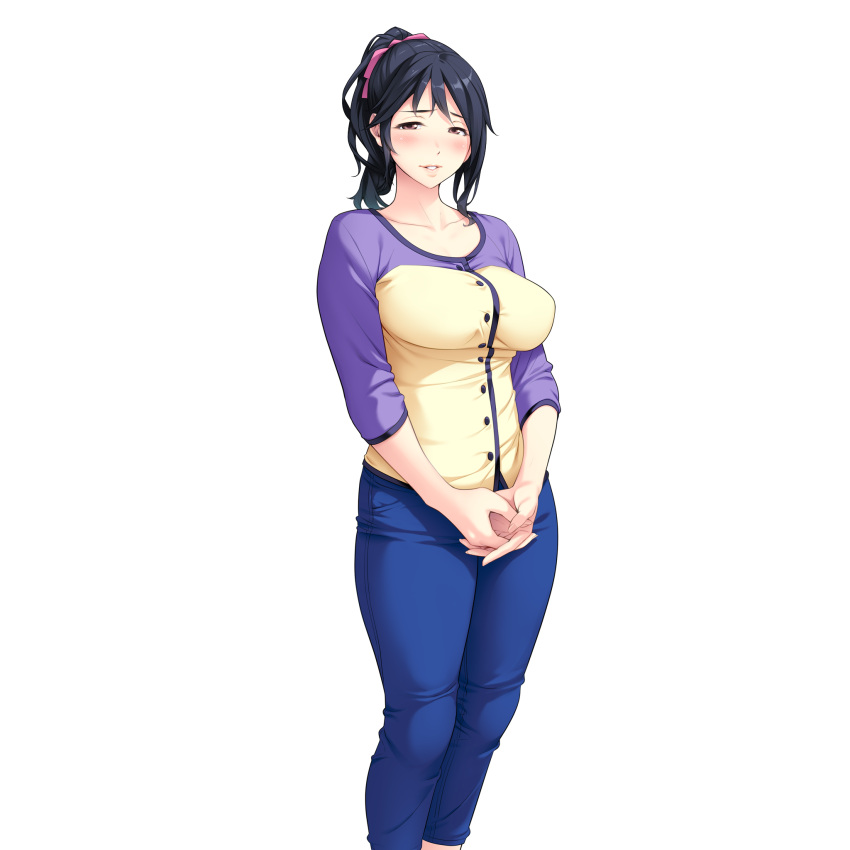 1girl black_hair blush brown_eyes denim hands_together high_ponytail highres jeans looking_at_viewer mama_no_oppai mikimoto_ayame nagayori official_art pants parted_lips sleeves_past_elbows solo translation_request v_arms