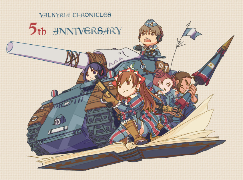 2boys 3girls alicia_melchiott artist_request brigitte_stark edelweiss_(senjou_no_valkyria) ground_vehicle gun isara_gunther largo_potter military military_vehicle motor_vehicle multiple_boys multiple_girls rifle senjou_no_valkyria senjou_no_valkyria_1 tank weapon welkin_gunther