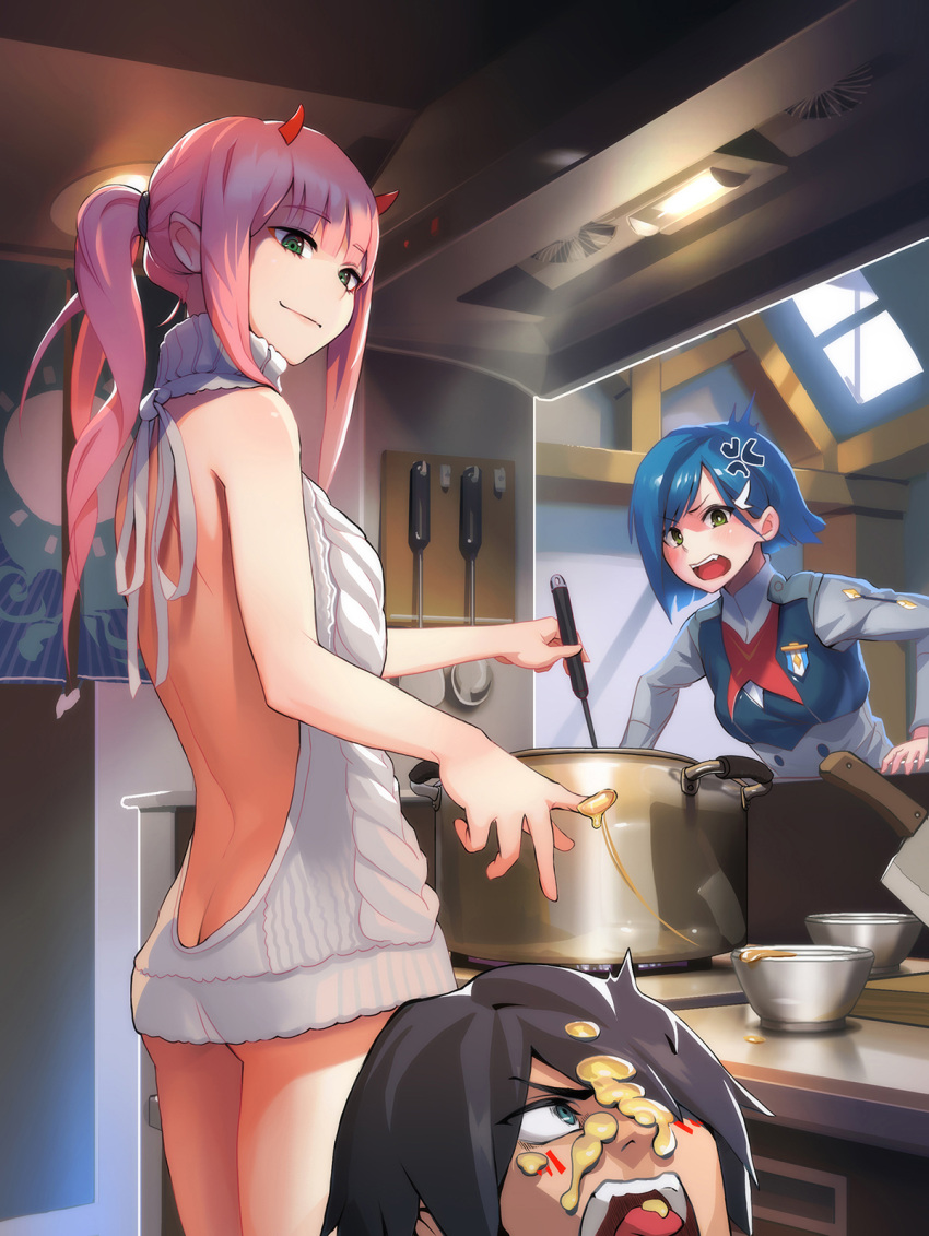 1boy 2girls anger_vein angry ass backless_outfit bangs bare_back black_hair blue_eyes blue_hair blush butt_crack closed_mouth cooking darling_in_the_franxx drawstring dress emblem food food_on_face green_eyes grey_sweater hair_ornament hair_over_one_eye hairclip highres hiro_(darling_in_the_franxx) honey horns ichigo_(darling_in_the_franxx) indoors kitchen ladle long_hair looking_at_another meme_attire multiple_girls naked_sweater nene_(taiwan) open-back_dress open_mouth pink_hair ponytail pot short_hair smile sweater sweater_dress uniform virgin_killer_sweater zero_two_(darling_in_the_franxx)