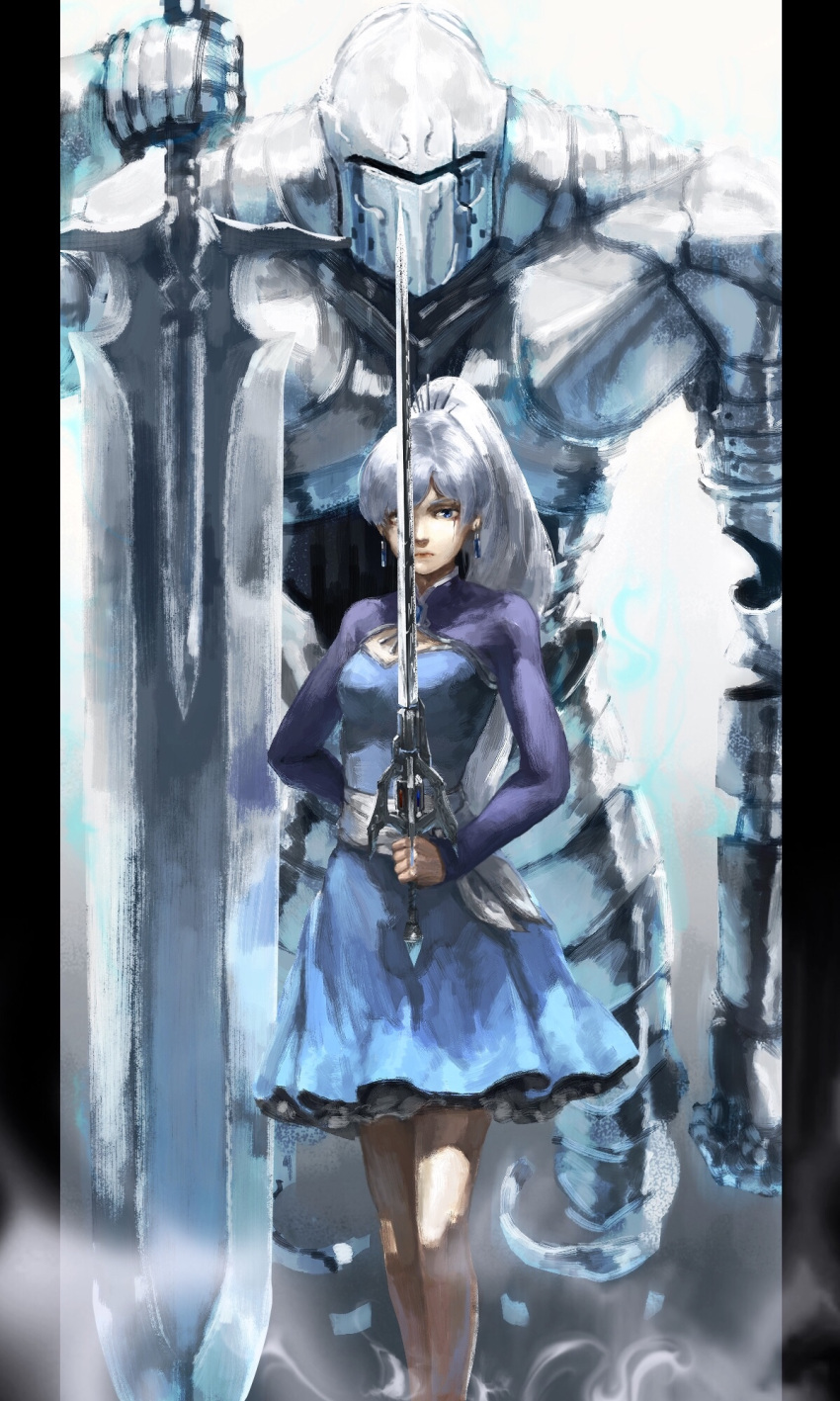 1girl arm_behind_back blue_eyes closed_mouth dress earrings expressionless golem highres holding holding_sword holding_weapon jewelry kaatoso legs_together lips long_hair long_sleeves looking_at_viewer myrtenaster ponytail rapier rwby scar scar_across_eye solo standing sword weapon weiss_schnee white_dress white_hair