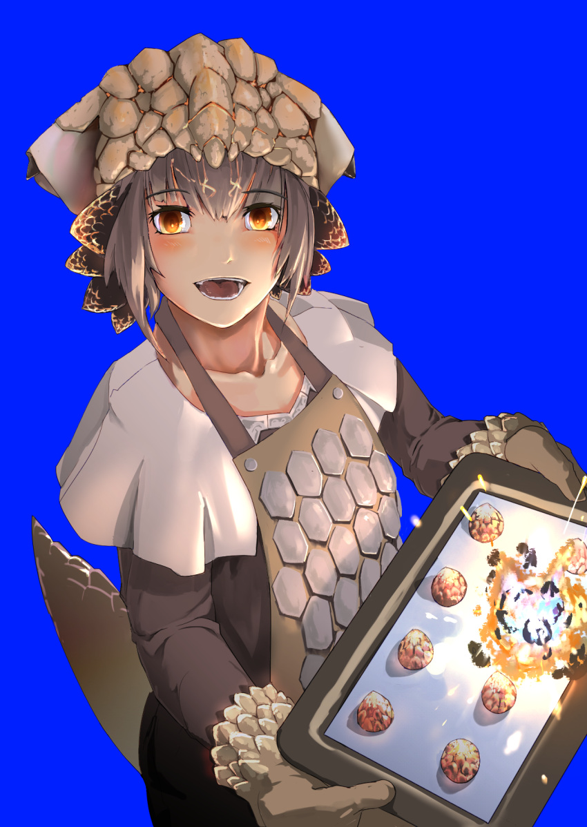 1girl apron baiomeisai bangs bazelgeuse blue_background blush brown_eyes brown_gloves capelet collarbone commentary_request explosion eyebrows_visible_through_hair food gloves grey_hair headdress highres holding holding_tray long_sleeves looking_at_viewer monster_hunter monster_hunter:_world open_mouth pants personification scales shirt short_hair simple_background smile solo tail teeth tray upper_body