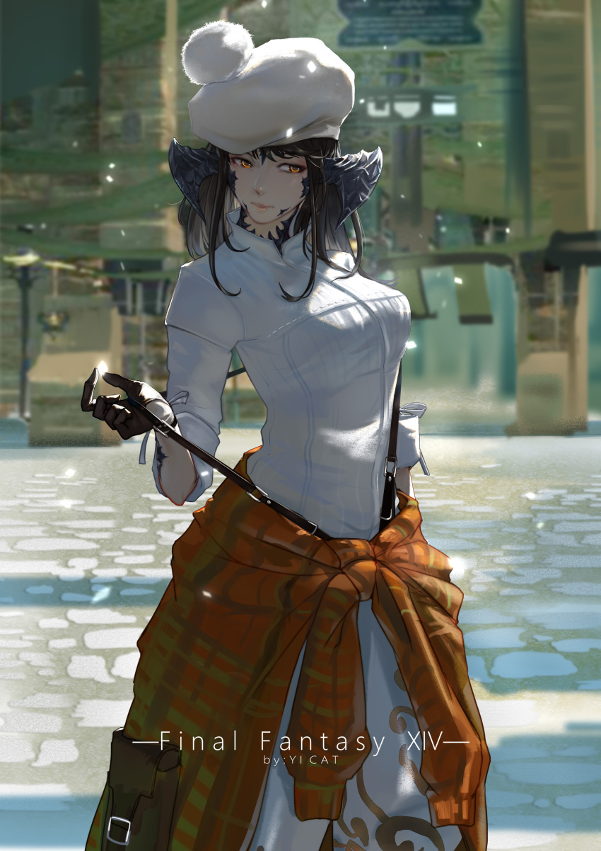 1girl absurdres artist_name au_ra black_hair character_check copyright_name final_fantasy final_fantasy_xiv gloves hat highres horns looking_to_the_side solo suspenders yellow_eyes yi_cat