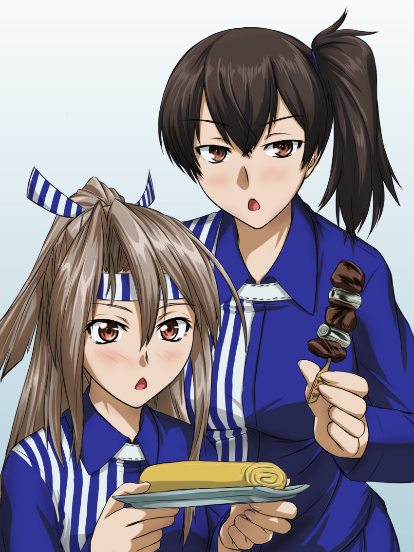 2girls absurdres akito_(sub707) black_hair brown_eyes brown_hair chestnut_mouth employee_uniform food hachimaki headband high_ponytail highres kaga_(kantai_collection) kantai_collection kebab lawson long_hair looking_at_viewer multiple_girls omelet open_mouth plate ponytail short_hair side_ponytail tamagoyaki uniform upper_body zuihou_(kantai_collection)