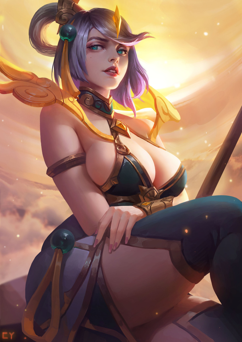 1girl absurdres alternate_costume alternate_hairstyle armlet bangs bare_arms bare_shoulders blue_eyes boots breast_hold breasts center_opening chengyouliu cleavage clouds cloudy_sky crossed_arms dress eyelashes hair_ornament half-closed_eyes highres large_breasts lavender_hair league_of_legends lips looking_at_viewer lunar_empress_lux luxanna_crownguard nail_polish parted_lips short_hair sideboob sitting sky sleeveless sleeveless_dress solo staff swept_bangs teeth thick_eyebrows thigh-highs thigh_boots tiara vambraces