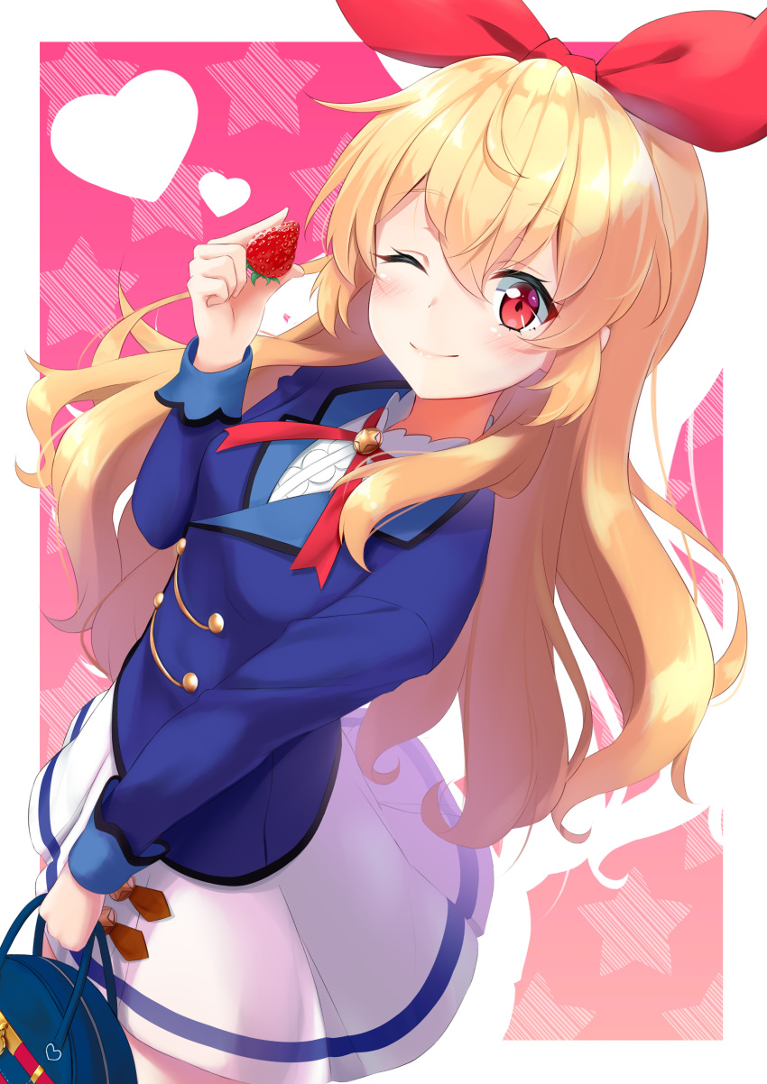 1girl absurdres aikatsu! arm_up blonde_hair blue_jacket blush bow closed_mouth double-breasted food fruit hair_between_eyes hair_bow heart highres holding holding_food hoshimiya_ichigo jacket long_hair long_sleeves looking_at_viewer mirea object_namesake one_eye_closed pink_background pleated_skirt red_bow red_eyes red_ribbon ribbon school_uniform shiny shiny_hair skirt smile standing star starlight_academy_uniform starry_background strawberry strawberry_day wavy_hair white_skirt