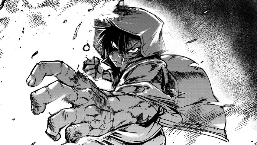 1boy attacking_viewer clenched_hand greyscale hood hood_up jacket looking_at_viewer male_focus monochrome open_clothes open_jacket original scar shaded_face solo tabigarasu_(mahjong_yuugen_gaisha_58) upper_body