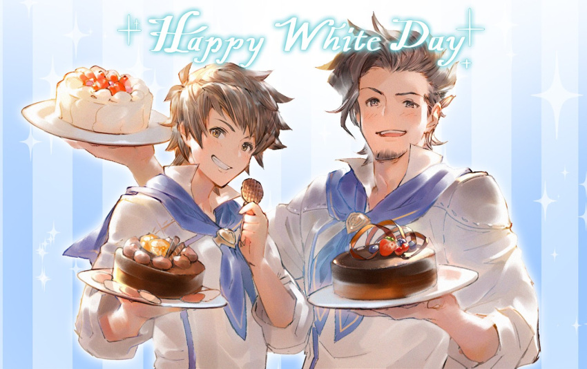 2boys ascot blue_background blueberry brown_eyes brown_hair cake chef_uniform chocolate_cake facial_hair food fruit goatee gran_(granblue_fantasy) granblue_fantasy grin looking_at_viewer male_focus minaba_hideo multiple_boys official_art open_mouth plate rackam_(granblue_fantasy) simple_background smile sparkle strawberry striped striped_background upper_body vertical_stripes wafer white_day