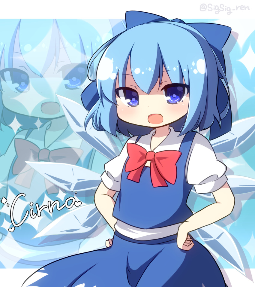 1girl :d bangs blue_bow blue_eyes blue_hair blue_skirt blue_vest blue_wings bow character_name cirno collared_shirt commentary_request detached_wings hair_bow hands_on_hips highres ice ice_wings looking_at_viewer puffy_short_sleeves puffy_sleeves red_bow rensei shirt short_sleeves skirt skirt_set smile solo touhou twitter_username vest white_shirt wings zoom_layer