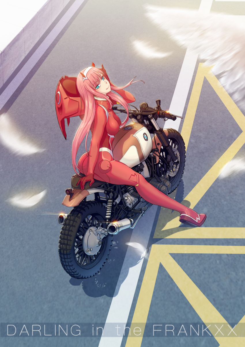 1girl absurdres ass bodysuit breasts darling_in_the_franxx feathers green_eyes ground_vehicle hairband highres horns long_hair looking_at_viewer medium_breasts motor_vehicle motorcycle pilot_suit pink_hair red_bodysuit sitting_on_motorcycle skin_tight solo tongue tongue_out vehicle white_hairband wings zero_two_(darling_in_the_franxx) zhuyukun2003