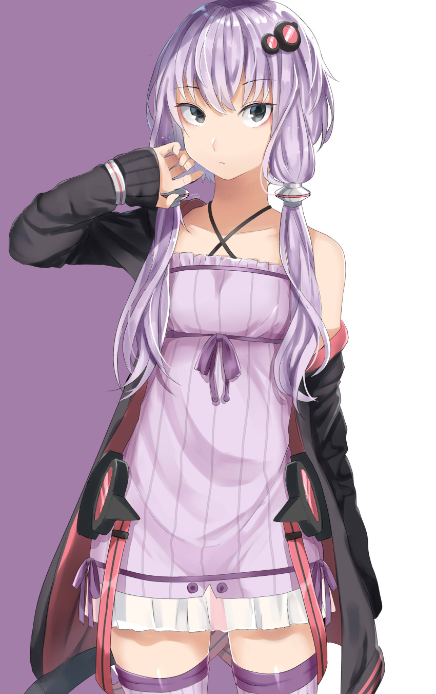 1girl absurdres arm_at_side artist_name bangs cowboy_shot dated dress eyebrows_visible_through_hair grey_eyes hair_ornament highres jacket long_hair long_sleeves looking_at_viewer narumiyaaz off_shoulder parted_lips purple_dress purple_hair purple_legwear short_dress short_hair_with_long_locks sidelocks solo standing striped thigh-highs two-tone_background vertical-striped_dress vertical_stripes vocaloid voiceroid yuzuki_yukari