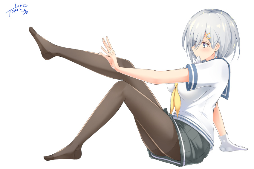 1girl arm_support bangs black_legwear blue_eyes blush breasts glove_in_mouth gloves hair_ornament hair_over_one_eye hairclip hamakaze_(kantai_collection) highres jewelry kantai_collection large_breasts leg_up looking_at_hand mouth_hold neckerchief pantyhose pleated_skirt ring school_uniform serafuku short_hair sidelocks signature silver_hair simple_background sitting skirt smile solo tokito_yu wedding_band white_background white_gloves yellow_neckwear