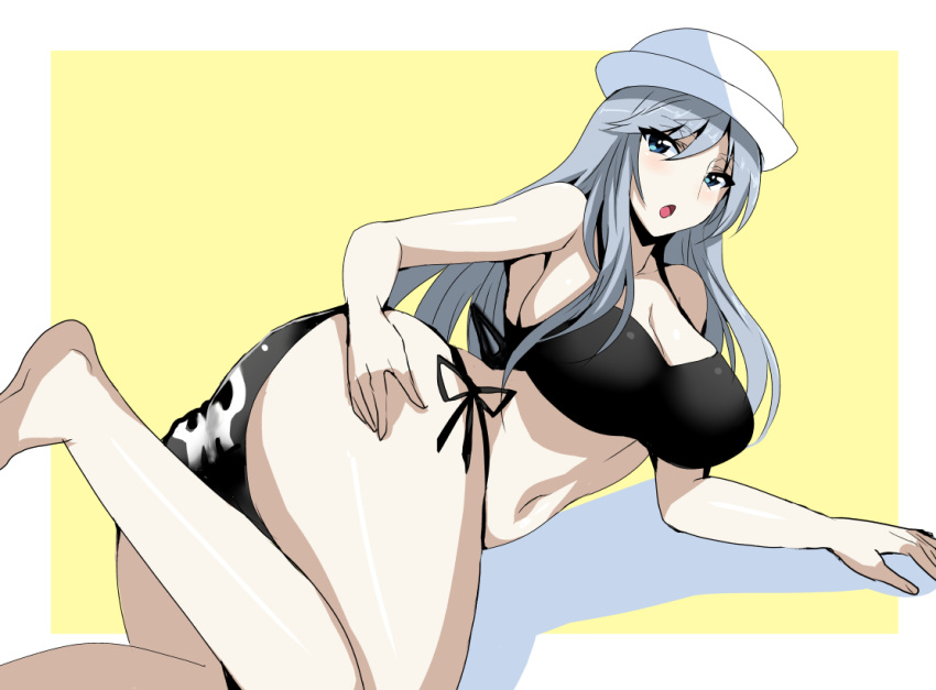 1girl arm_support ass bangs barefoot bikini black_bikini blue_eyes breasts cleavage curvy dixie_cup_hat eyebrows_visible_through_hair flint_(girls_und_panzer) girls_und_panzer grey_hair hand_on_own_ass hat koujun_(mugenzero) large_breasts long_hair looking_at_viewer looking_back lying military_hat navel on_stomach open_mouth outside_border side-tie_bikini skull solo swimsuit thighs white_hat yellow_background