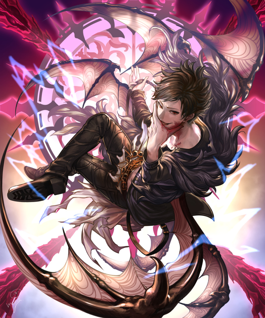 1boy belial_(granblue_fantasy) black_hair black_shirt blood demon_wings feather_boa granblue_fantasy highres looking_at_viewer magic_circle male_focus mega5155214x red_eyes shirt short_hair smile wings