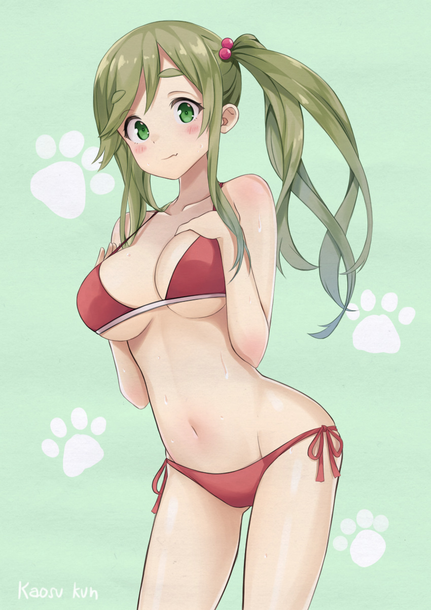 1girl bikini blue_background breasts cowboy_shot eyebrows_visible_through_hair green_eyes green_hair hair_bobbles hair_ornament hands_on_own_chest highres inuyama_aoi large_breasts looking_at_viewer paw_print red_bikini ryan_edian side-tie_bikini side_ponytail simple_background solo swimsuit thick_eyebrows yurucamp