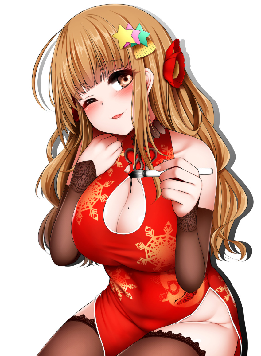 1girl absurdres bangs blunt_bangs breasts brown_eyes brown_hair brown_legwear china_dress chinese_clothes cleavage collarbone detached_sleeves dress eyebrows_visible_through_hair flower hair_flower hair_ornament highres idolmaster idolmaster_cinderella_girls lace lace-trimmed_thighhighs large_breasts long_hair looking_at_viewer mapar mole mole_on_breast moroboshi_kirari no_panties one_eye_closed paintbrush parted_lips red_dress side_slit sitting smile solo star star_hair_ornament thigh-highs