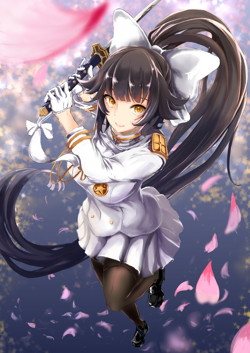 absurdres aiguillette azur_lane black_footwear black_hair bow cherry_blossoms from_above gloves hair_bow hair_flaps high_ponytail highres holding holding_sword holding_weapon katana mashipan_illust military military_uniform miniskirt pantyhose petals ponytail ribbon skirt sword takao_(azur_lane) thighband_pantyhose uniform weapon white_bow white_gloves white_ribbon white_skirt