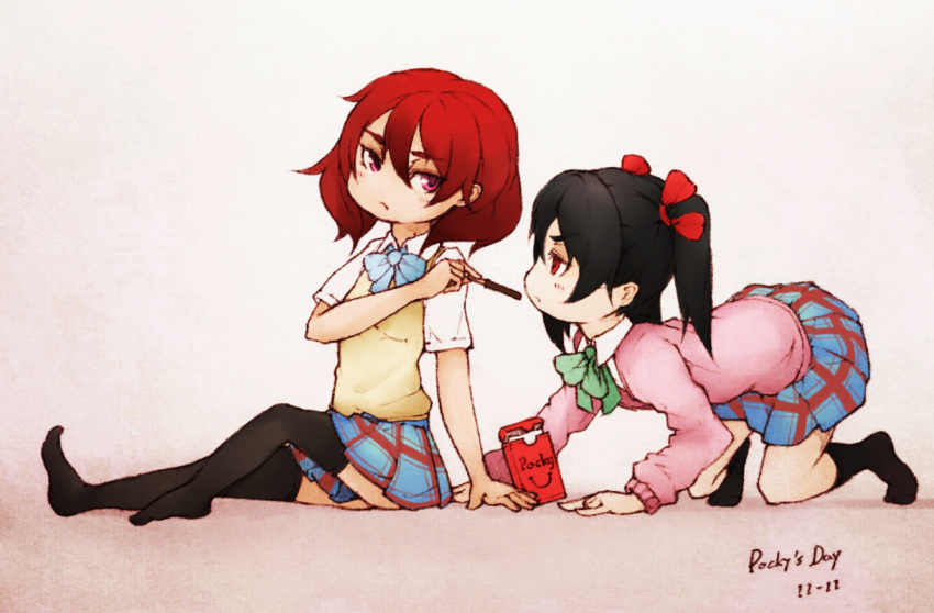 2girls all_fours black_hair black_legwear cardigan chibi commentary_request feeding food love_live! love_live!_school_idol_project multiple_girls nishikino_maki plaid plaid_skirt pleated_skirt pocky pocky_day red_eyes redhead school_uniform short_twintails skirt thigh-highs twintails violet_eyes yazawa_nico zettai_muri_no_akira