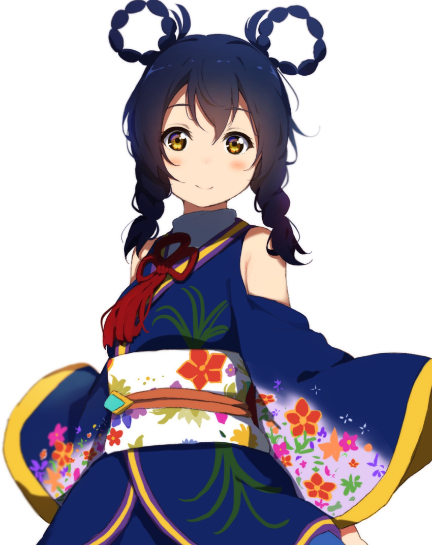 1girl alternate_hairstyle bangs blue_hair blue_kimono blush braid floral_print flower_knot hair_rings highres icehotmilktea japanese_clothes kimono long_hair looking_at_viewer love_live! love_live!_school_idol_project obi sash shoulder_cutout simple_background sleeves_past_wrists smile solo sonoda_umi twin_braids white_background wide_sleeves yellow_eyes