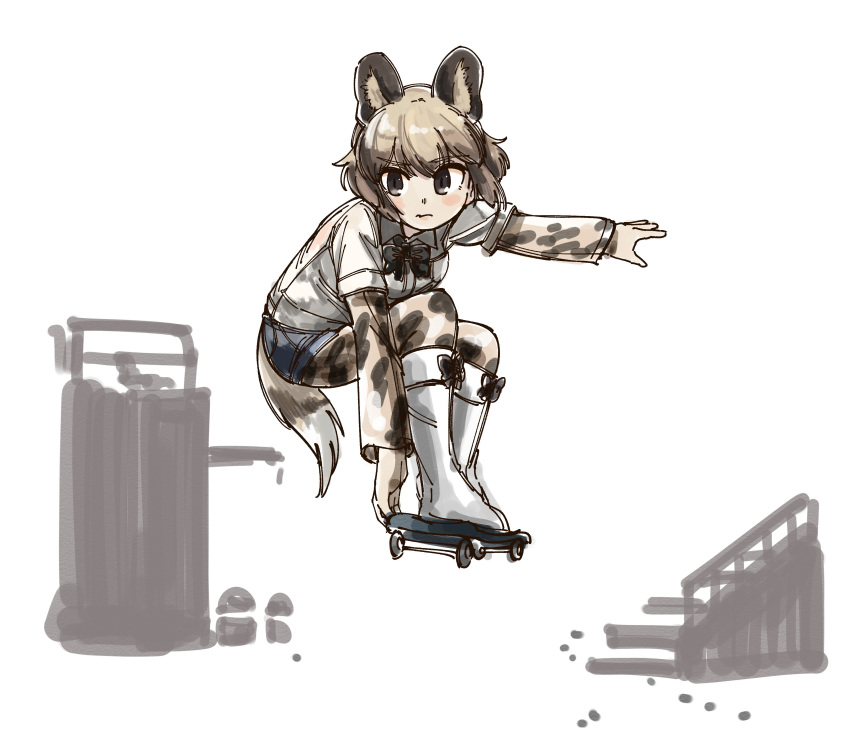 1girl absurdres african_wild_dog_(kemono_friends) african_wild_dog_ears african_wild_dog_print african_wild_dog_tail black_bow black_eyes black_hair black_neckwear blonde_hair boot_bow boots bow bowtie denim denim_shorts extra_ears highres kemono_friends knee_boots multicolored_hair omnisucker outstretched_arm pantyhose pantyhose_under_shorts print_legwear shirt short_hair shorts skateboard solo white_footwear white_shirt