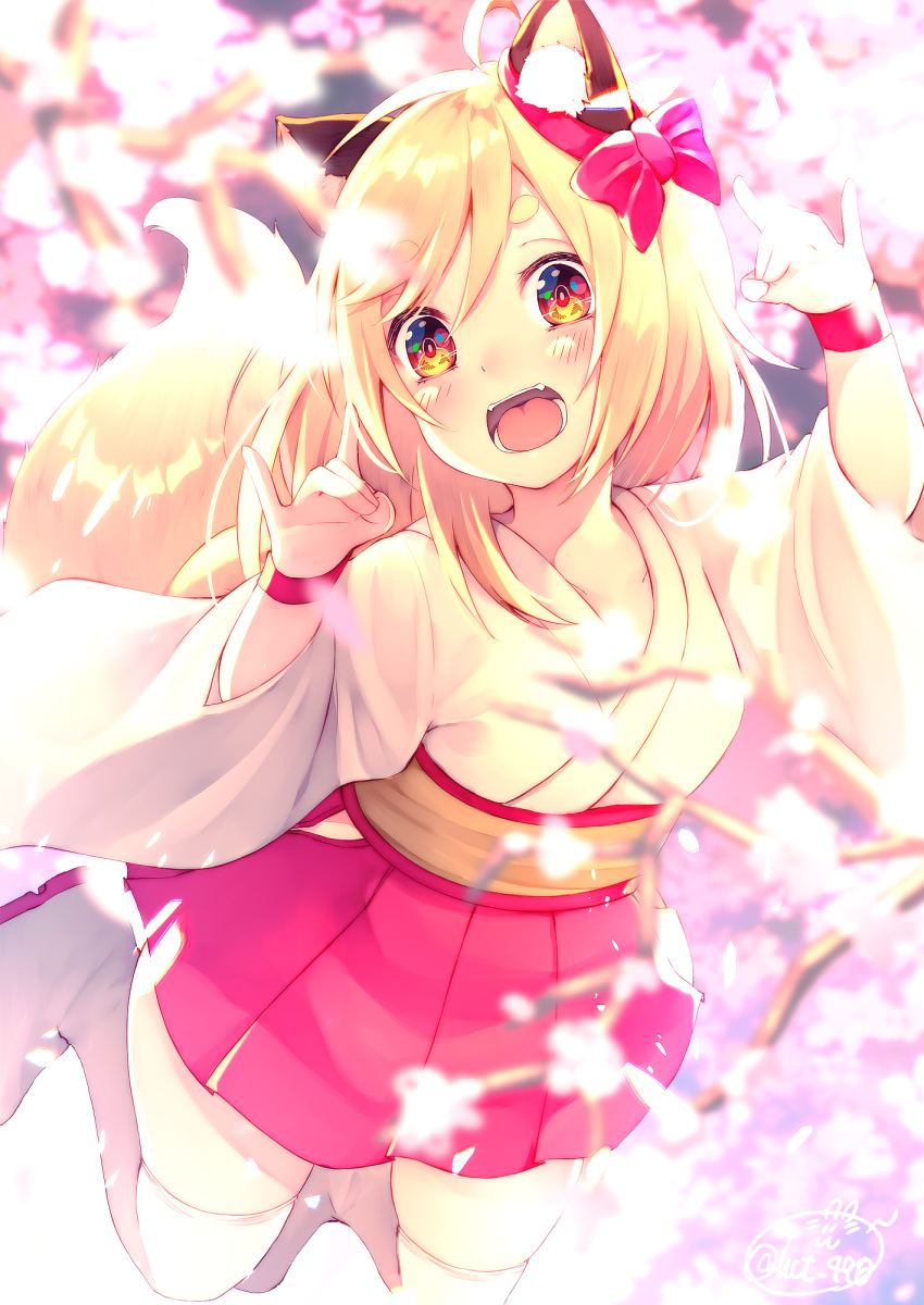 1girl animal_ears blonde_hair blurry blush bow cherry_blossoms chita_(ketchup) commentary_request depth_of_field fox_ears fox_girl fox_shadow_puppet highres japanese_clothes long_hair looking_at_viewer open_mouth original outdoors red_eyes round_teeth signature solo tail teeth thigh-highs white_legwear