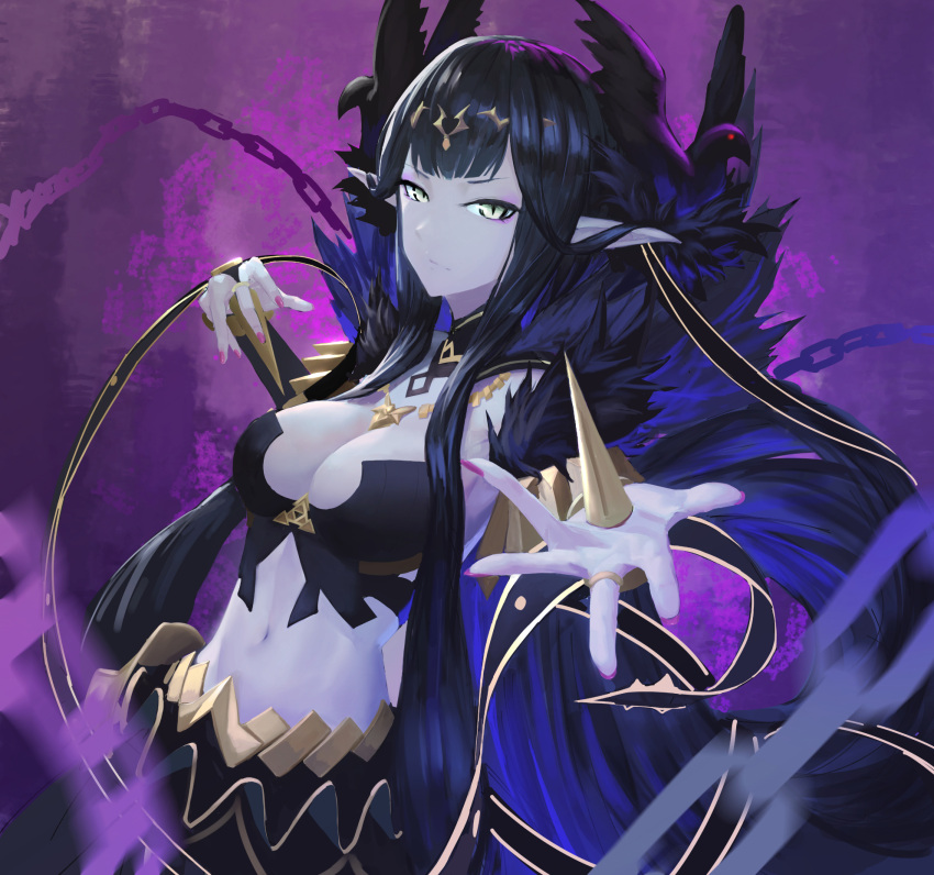 1girl bare_shoulders black_dress black_hair breasts bridal_gauntlets chains cleavage detached_sleeves dress eyeshadow fate/apocrypha fate/grand_order fate_(series) fingernails fur_trim hair_ornament highres jewelry large_breasts long_dress long_hair looking_at_viewer makeup navel necklace outstretched_hand pointy_ears semiramis_(fate) solo spikes stomach very_long_hair yellow_eyes