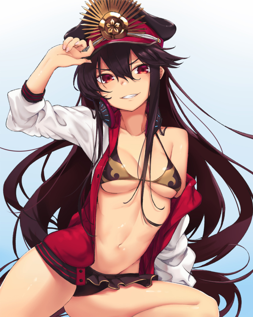 1girl :d absurdres arm_up bangs bikini bikini_skirt black_bikini black_hair blue_background breasts cleavage collarbone fate/grand_order fate_(series) gradient gradient_background grin hat head_tilt highres ivan_wang jacket leg_up long_hair long_sleeves looking_at_viewer medium_breasts nail_polish navel oda_nobunaga_(fate) off_shoulder open_clothes open_jacket open_mouth peaked_cap pink_nails red_eyes single_bare_shoulder smile solo spread_legs stomach swimsuit teeth thighs unbuttoned under_boob v-shaped_eyebrows very_long_hair