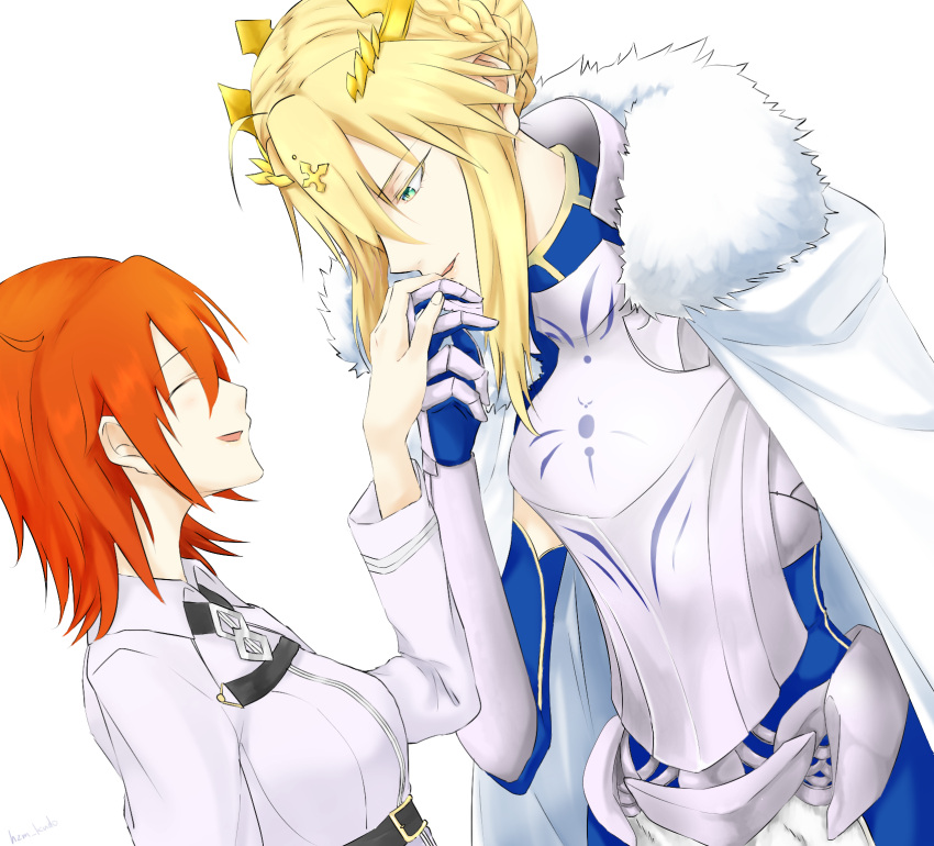 2girls ahoge artoria_pendragon_(all) artoria_pendragon_(lancer) blonde_hair breastplate cape chaldea_uniform crown facing_another fate/grand_order fate_(series) fujimaru_ritsuka_(female) fur_trim gauntlets green_eyes hair_between_eyes hajimeru hand_kiss highres kiss multiple_girls open_mouth orange_hair upper_body yuri