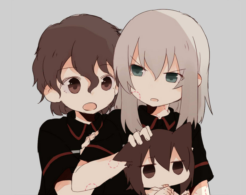 3girls :p adapted_uniform akaboshi_koume animal_ears arm_grab bangs bite_mark blue_eyes brown_eyes brown_hair carrying closed_mouth curly_hair dog_ears dress_shirt eyebrows_visible_through_hair frown fud girls_und_panzer grey_background hand_on_another's_head itsumi_erika jitome kemonomimi_mode kuromorimine_military_uniform long_hair looking_at_another looking_back multiple_girls nishizumi_maho open_mouth shirt short_hair short_sleeves silver_hair simple_background standing summer_uniform tongue tongue_out upper_body v-shaped_eyebrows younger