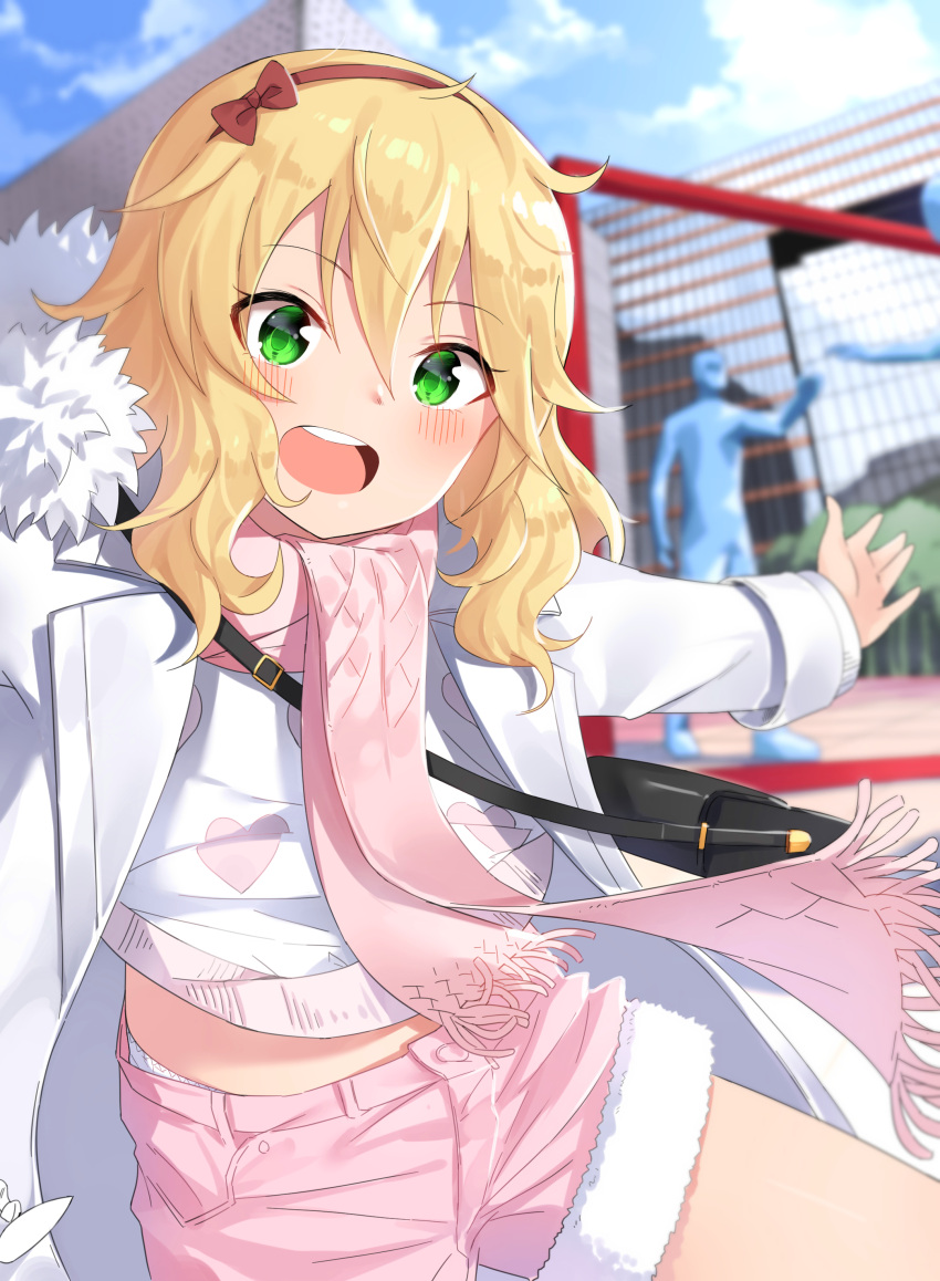1girl :d absurdres bangs blonde_hair blue_sky blurry blurry_background blush bow brown_bow brown_hairband building clouds cloudy_sky coat day depth_of_field eyebrows_visible_through_hair fringe fur-trimmed_coat fur-trimmed_shorts fur_trim green_eyes hair_between_eyes hair_bow hairband heart heart_print highres idolmaster idolmaster_cinderella_girls long_hair long_sleeves looking_at_viewer noria open_clothes open_coat open_mouth outdoors outstretched_arm panties pink_scarf pink_shorts print_shirt sakurai_momoka scarf shirt short_shorts shorts sky skyscraper smile solo underwear upper_teeth white_coat white_panties white_shirt