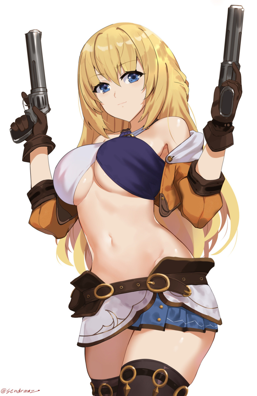 1girl absurdres artist_name bare_shoulders belt blonde_hair blue_eyes braid breasts brown_gloves cleavage cosplay cowboy_shot criss-cross_halter cropped_jacket dual_wielding four_goddesses_online:_cyber_dimension_neptune gloves gun hair_between_eyes halterneck handgun hands_up highres holding holding_gun holding_weapon large_breasts long_hair looking_at_viewer midriff miniskirt navel neptune_(series) no_goggles off_shoulder revolver sendrawz simple_background skirt smile solo thigh-highs under_boob uni_(choujigen_game_neptune) uni_(choujigen_game_neptune)_(cosplay) vert weapon white_background