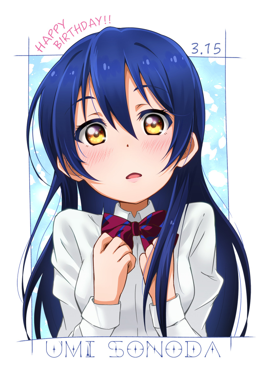 1girl bangs birthday blue_hair character_name dated english gin_sei56 hands_on_own_chest happy_birthday highres long_hair long_sleeves looking_at_viewer love_live! love_live!_school_idol_project ribbon solo sonoda_umi striped striped_ribbon yellow_eyes