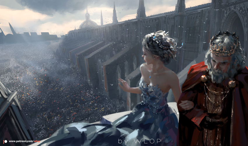 1boy 1girl artist_name bare_shoulders beard blonde_hair breasts building clouds collarbone commentary crowd crown dress facial_hair grey_hair highres holding looking_away multicolored multicolored_clothes multicolored_dress original patreon_username sky waving wlop