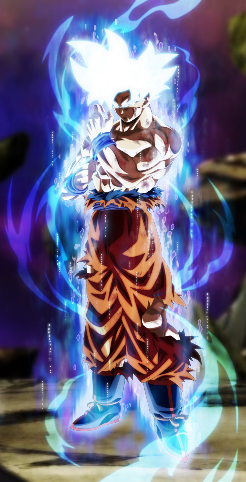 1boy abs absurdres aura blue_eyes blue_hair boots commentary dragon_ball dragon_ball_super dragonball_z full_body glowing glowing_eyes highres huge_filesize looking_at_viewer male_focus manly muscle nekoar resized serious shirtless solo son_gokuu spiky_hair spoilers torn_clothes ultra_instinct wristband you_gonna_get_raped