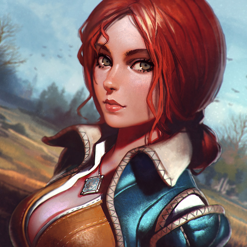 1girl breasts brown_eyes cleavage closed_mouth face hair_bun ilya_kuvshinov jewelry large_breasts lips long_hair looking_at_viewer necklace redhead smile solo the_witcher the_witcher_3 triss_merigold upper_body