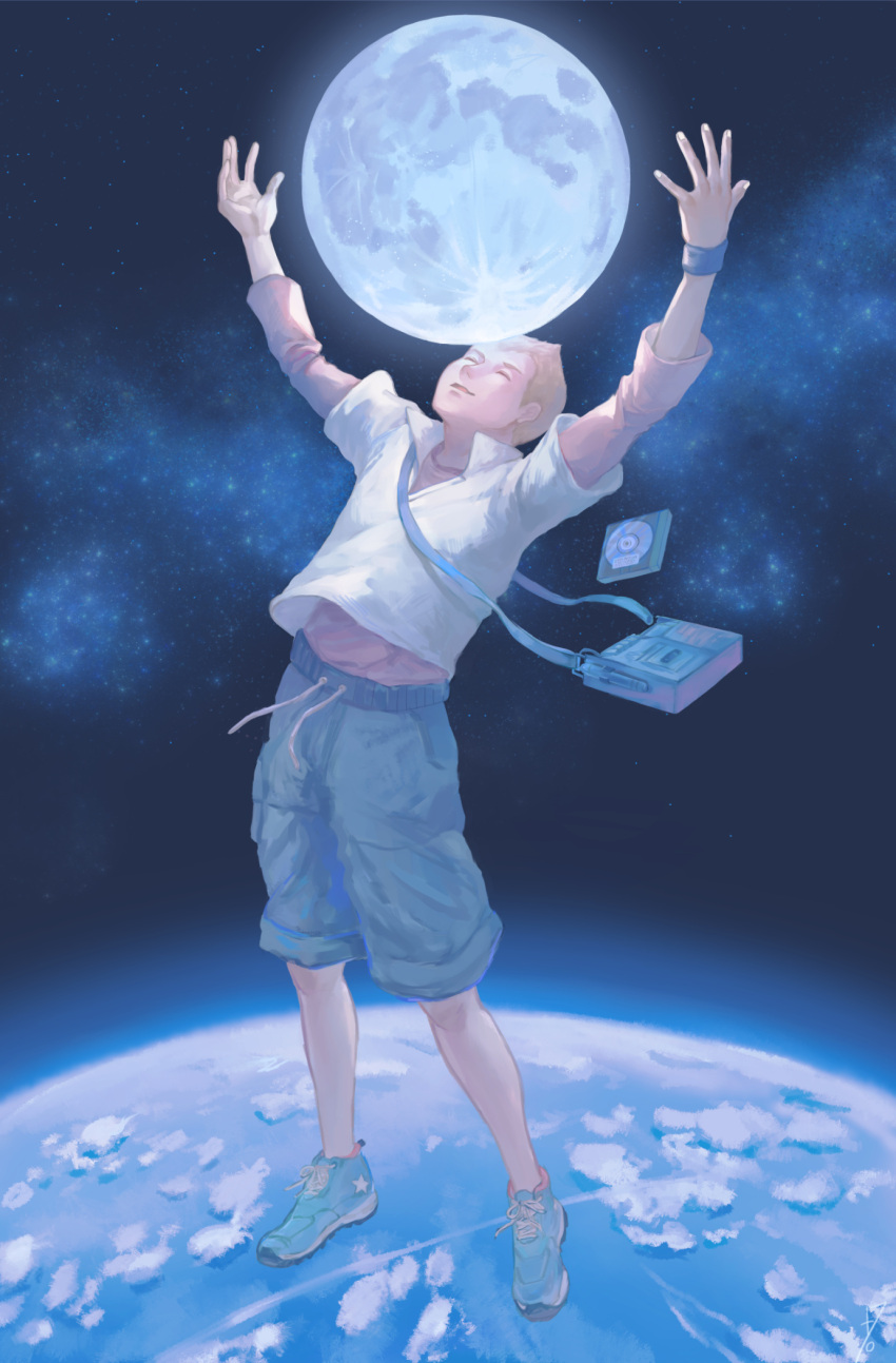 1boy 7_(urayosi) arms_up cd closed_eyes earth full_body highres light_brown_hair male_focus moon nanba_hibito shoes shorts sneakers solo space tape_recorder uchuu_kyoudai