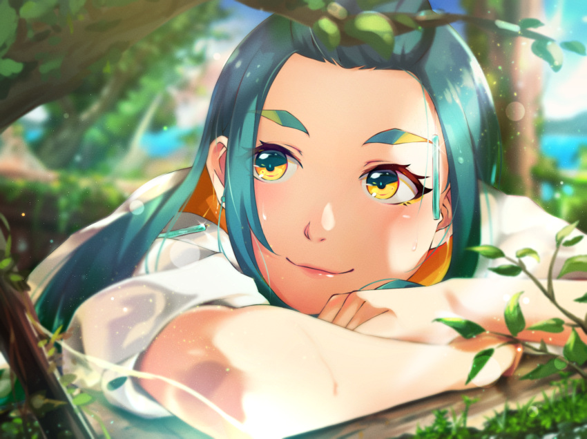 1girl aqua_hair blurry blurry_background bokeh day depth_of_field earrings eyebrows highres jewelry long_hair looking_to_the_side original outdoors rarumaru3 ruins smile stud_earrings sweatdrop upper_body yellow_eyes