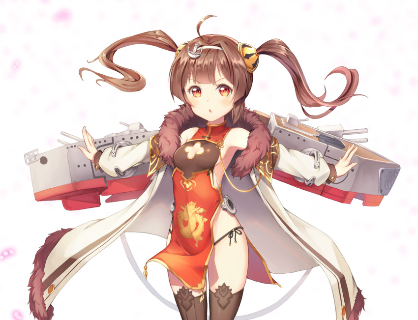 1girl ahoge anchor_hair_ornament azur_lane bangs bare_shoulders black_legwear black_panties blush breasts brown_eyes brown_hair china_dress chinese_clothes commentary_request dress eyebrows_visible_through_hair floating_hair fur-trimmed_jacket fur_trim hair_ornament hairband hairpods highleg highleg_panties hon_(neo2462) jacket long_hair long_sleeves looking_at_viewer medium_breasts outstretched_arms panties parted_lips pelvic_curtain ping_hai_(azur_lane) puffy_long_sleeves puffy_sleeves red_dress side-tie_panties solo spread_arms thigh-highs twintails underwear v-shaped_eyebrows white_background white_hairband white_jacket