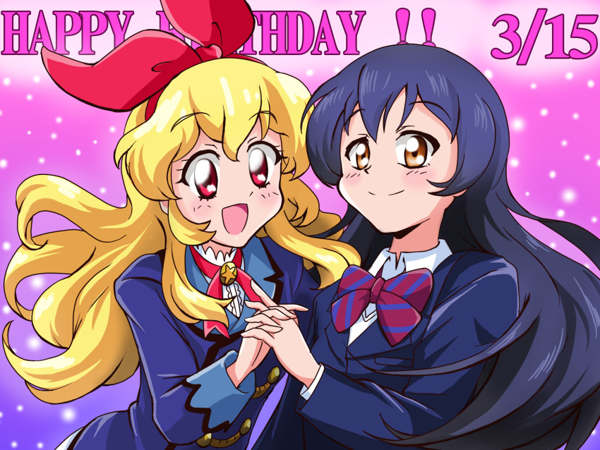 2girls 90s :d aikatsu! birthday blazer blonde_hair blue_hair blush bow bowtie brown_eyes choroli_(chorolin) commentary company_connection crossover dated eyebrows_visible_through_hair gradient gradient_background hair_between_eyes hair_bow hairband hand_holding happy_birthday highres hoshimiya_ichigo interlocked_fingers jacket long_hair love_live! love_live!_school_idol_project multiple_girls open_mouth otonokizaka_school_uniform parody red_eyes school_uniform smile sonoda_umi sparkle sparkle_background starlight_academy_uniform style_parody sunrise_(company) trait_connection upper_body