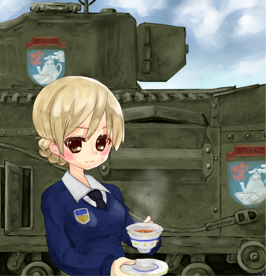 1girl blonde_hair brown_eyes churchill_(tank) clouds cup darjeeling day emblem girls_und_panzer ground_vehicle military military_vehicle motor_vehicle paya! sky st._gloriana's_(emblem) st._gloriana's_school_uniform tank teacup