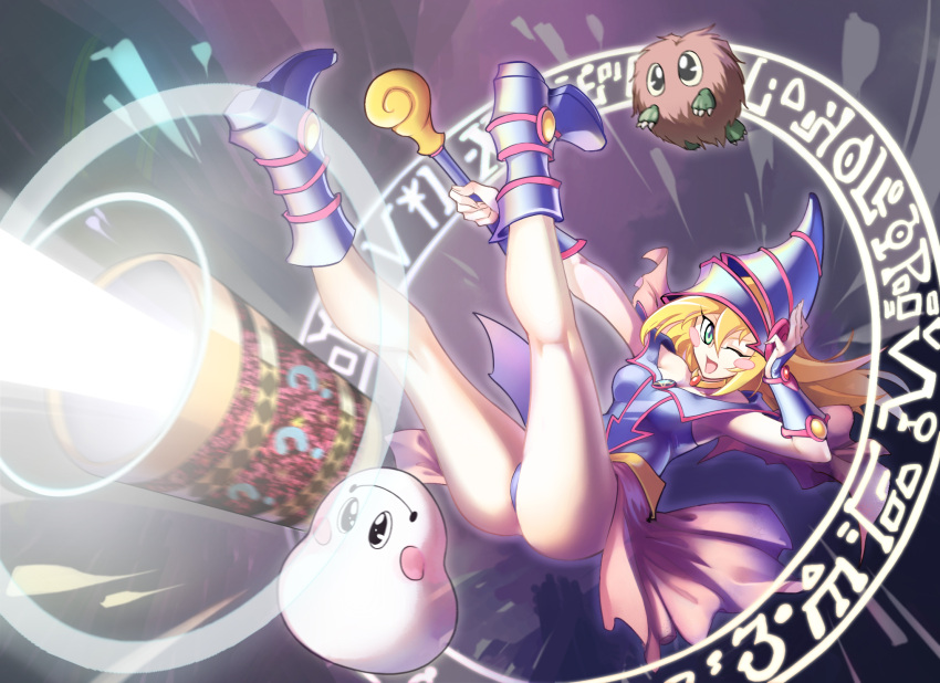 1girl bare_shoulders blonde_hair blue_footwear blush_stickers boots breasts choker cleavage dark_magician_girl duel_monster green_eyes hat heiqi_(sharpface) hexagram highres kuriboh large_breasts one_eye_closed panties pentacle pentagram staff underwear wand wizard_hat yu-gi-oh! yuu-gi-ou_duel_monsters