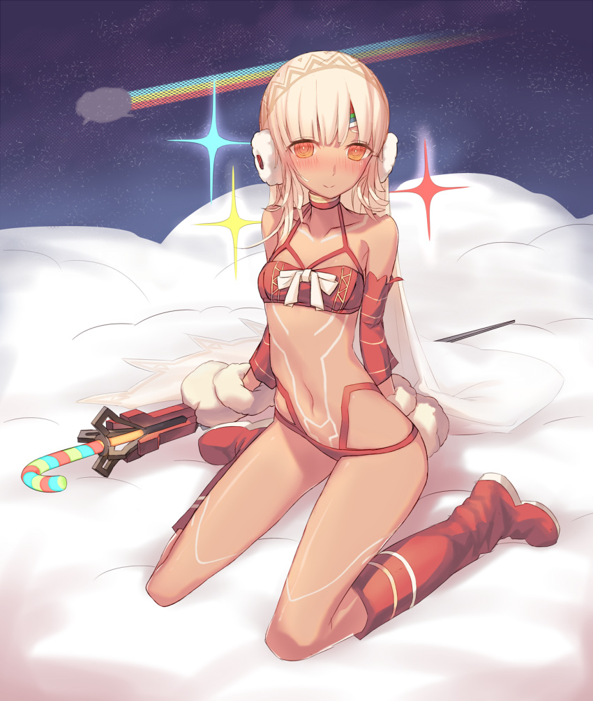 1girl altera_(fate) altera_the_santa bangs bare_shoulders blush boots breasts clouds dark_skin detached_sleeves doyou_tengoku_pikaraji earmuffs fate/grand_order fate_(series) highres looking_at_viewer mittens navel red_eyes red_footwear sheep short_hair sitting sky solo star_(sky) starry_sky veil wariza white_hair