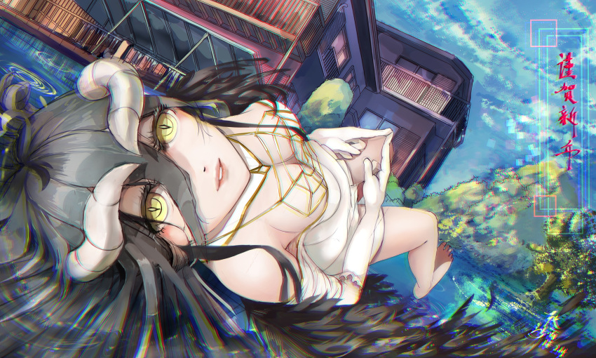 1girl absurdres albedo apartment bare_shoulders black_hair black_wings breasts building demon_girl demon_horns demon_wings dress elbow_gloves feet gloves hair_between_eyes half_gloves highres horns large_breasts lips long_hair lying overlord_(maruyama) scattered_rain solo thigh-highs thighs tree water white_dress white_gloves wings yellow_eyes