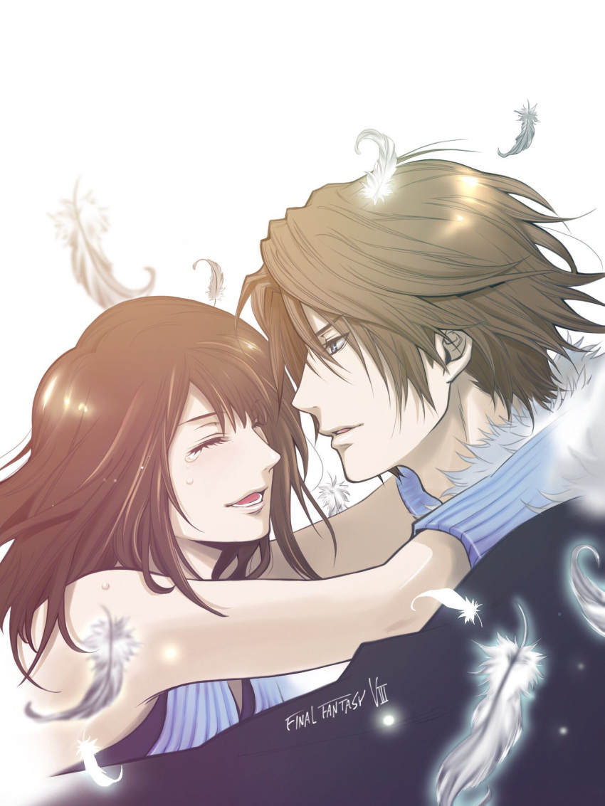 1boy 1girl bare_shoulders blush closed_eyes commentary_request couple final_fantasy final_fantasy_viii highres rinoa_heartilly short_hair squall_leonhart tears teeth tongue white_background
