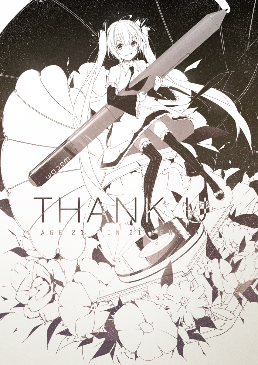 1girl ahoge eyebrows_visible_through_hair flower greyscale hatsune_miku highres kieed long_hair looking_at_viewer monochrome open_mouth phonograph record sitting smile solo stylus thigh-highs twintails very_long_hair vocaloid wacom
